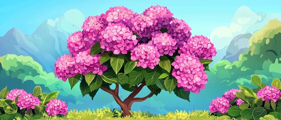 A vibrant pink flower tree stands against a blue sky with mountains, creating a serene and colorful natural scene.