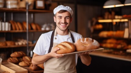 A cheerful bakery employee displays freshly baked bread with a welcoming smile, inviting customers into a warm, aromatic bakehouse.
