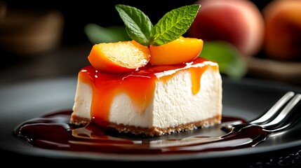 A slice of cheesecake topped with peach slices, drizzled with peach sauce and a sprig of mint, on a black plate.