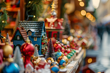 A vibrant Christmas Market is filled with beautiful ornaments and charming miniature houses