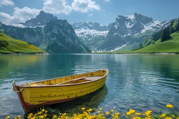 Obraz premium Serene Mountain Lake with a Yellow Boat and Vibrant Wildflowers