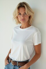 Girl Wearing White Blank T-Shirt Mockup