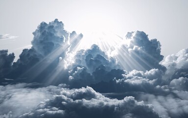 Sun rays breaking through dark storm clouds in a dramatic sky.