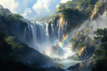 Fototapeta premium Spectacular waterfall framed by greenery and rainbows