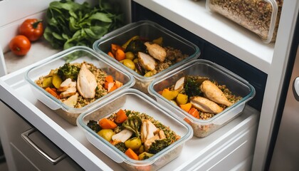 Meal prep containers with healthy chicken and vegetable dishes in a refrigerator