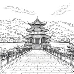 Fototapeta premium A serene black and white illustration of a traditional Asian pavilion surrounded by mountains and trees, showcasing intricate architectural details.