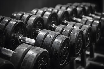 Fototapeta premium A Row of Heavy Dumbbells in a Gym Setting