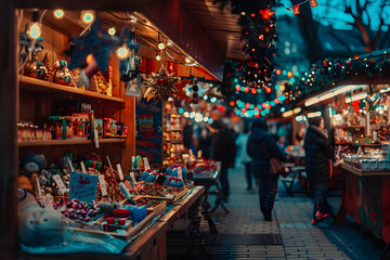 Obraz premium A charming Christmas Market filled with festive lights, beautiful decorations, and cheerful vibes