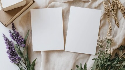 Blank white cards elegantly placed with purple flowers on soft fabric, offering a refined space for creativity or messaging