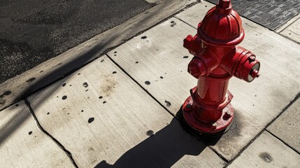 Fototapeta premium Bright Red Fire Hydrant on City Sidewalk