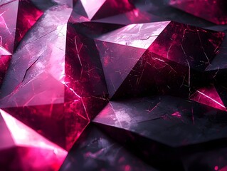 A close-up of striking polygonal shapes with a vibrant pink hue, showcasing a glossy and reflective surface that creates a dramatic visual effect.
