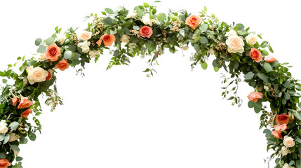 Fototapeta premium Floral arch with orange and white roses, lush greenery wedding decor, cut out