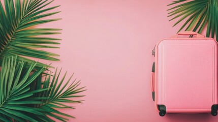 This vibrant travel suitcase rests on a pink backdrop, framed by lush palm leaves, evoking a sense of wanderlust and tropical vibes. Generative AI