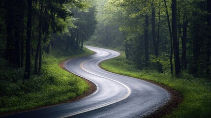 Obraz premium Serene Curved Road Through Lush Green Forest