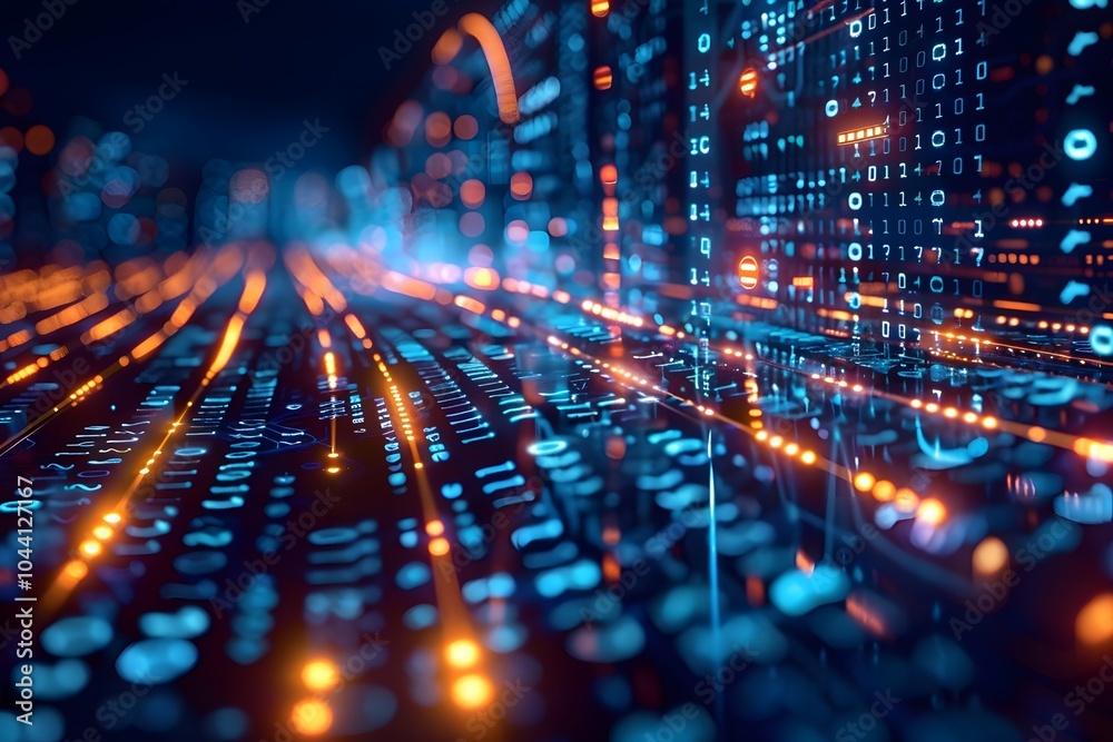 Poster futuristic data stream with glowing binary code and vibrant colors