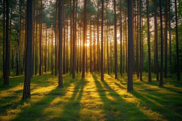 Obraz premium Shadows stretch through the pine forest at dusk