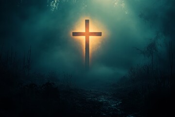 Fototapeta premium A Cross Illuminated by Mist, Shining Against a Dark Silhouette