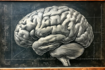 A chalk drawing of a human brain on a chalkboard, complete with measurements and educational notes