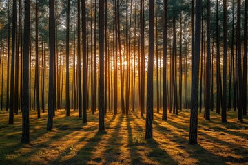 Obraz premium Golden sunset over a peaceful pine forest
