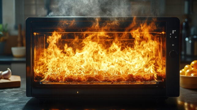 microwave oven with flames and smoke, indicating cooking mishap. intense fire highlights importance of safety when using kitchen appliances