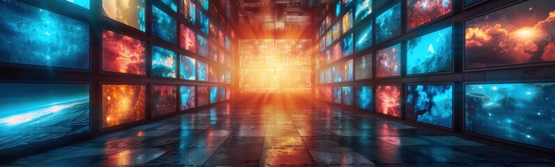 Long hallway with multiple televisions and a bright light, banner, copy space