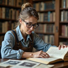 A woman studies in a quiet library, reading an open book and surrounded by shelves of books. Ideal for themes of education, learning, and academic focus.
