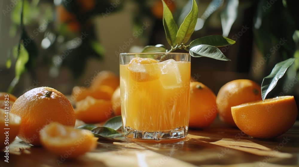 Aufkleber a glass filled with refreshing orange juice is surrounded by ripe oranges and lush green leaves, cre