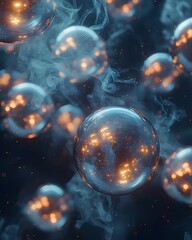 A mesmerizing abstract scene featuring glowing orbs amidst swirling ethereal smoke, creating a dreamy and futuristic atmosphere. The interplay of light adds depth and intrigue.