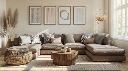 Modern Interior of Stylish Living Room ,Wall Mock Up, Frame , Poster with Beautiful Background, 3d render