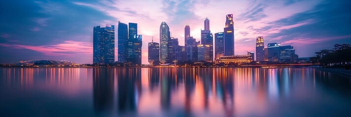 Fototapeta premium City skyline reflecting in the water at sunset