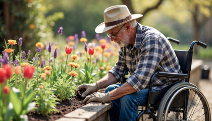 A disabled man tends to his raised beds in his garden