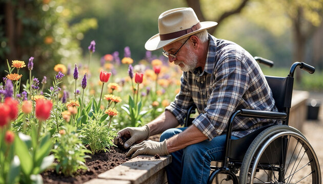 A disabled man tends to his raised beds in his garden
