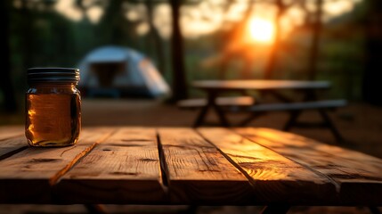 A glass jar filled with golden liquid sits on a wooden picnic table in front of a tent and sunset.