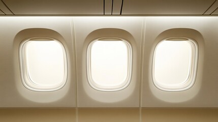 Interior view of airplane windows and door with beige sidewall.
