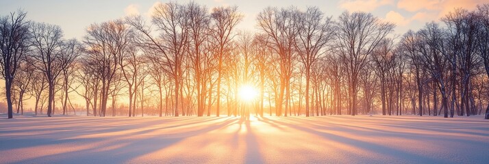 Obraz premium Golden sunrise through a snowy forest.