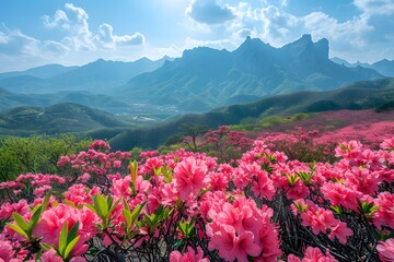 Fototapeta premium Breathtaking Landscape of Pink Azaleas Against Majestic Mountains