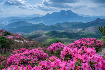 Fototapeta premium Breathtaking Mountain Landscape with Vibrant Pink Azaleas in Bloom