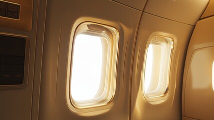 Interior view of airplane windows and door with beige sidewall.
