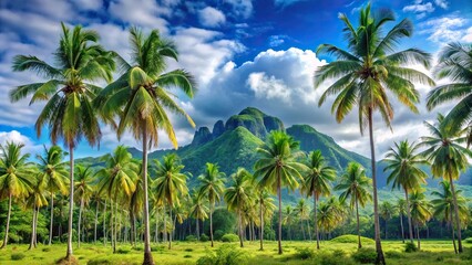 Scenic view of coconut trees with mountain backdrop under a clear blue sky filled with white clouds