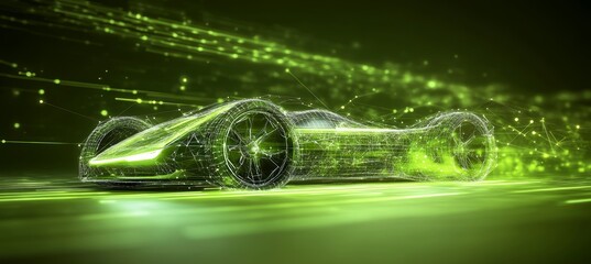 Green Technology Car Abstract Design. Lines, Connected Dots, and Triangles Illustration.