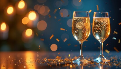 Free copy space in the middle, surrounded with New Year stuff glittery drinks, countdown to midnight, swirling confetti, copy space