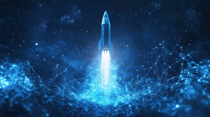 Futuristic rocket launching against a blue background, symbolizing 3D metaverse and business start-up.
