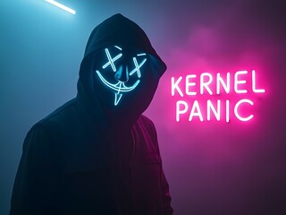 Mysterious person wearing anonymous mask with cyan glowing eyes with large faint fuchsia neon sign "KERNEL PANIC" foggy cyberpunk theme background