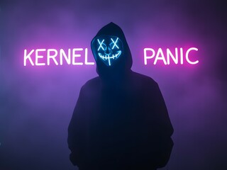 Mysterious person wearing anonymous mask with cyan glowing eyes with large faint purple neon sign "KERNEL PANIC" foggy cyberpunk theme background