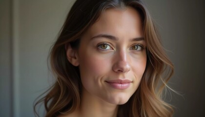Obraz premium A French Caucasian beautiful young resident woman with wavy hair shares a genuine smile while standing indoors, illuminated by natural light, creating an inviting atmosphere. Generative AI