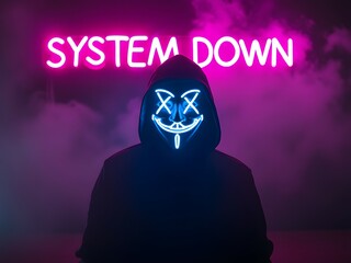 Mysterious person wearing anonymous mask with cyan glowing eyes with large faint fuchsia neon sign "SYSTEM DOWN" foggy cyberpunk theme background