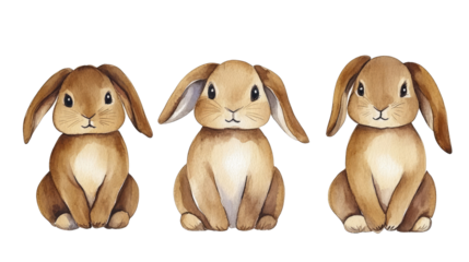Three Cute Watercolor Bunny Illustrations on White Generative AI