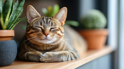 A tabby cat relaxes with closed eyes on a wooden shelf, surrounded by potted plants in a bright, cozy room