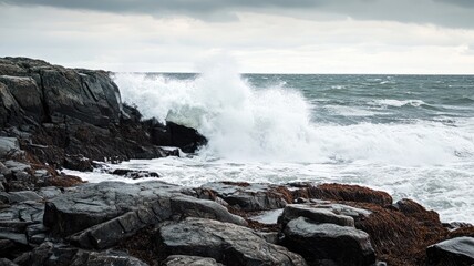 Powerful ocean waves crash against dark, rugged rocks under a cloudy sky.