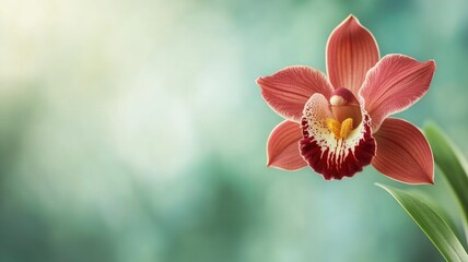 Fototapeta premium Close-up of a burgundy orchid bloom against a blurred green background.